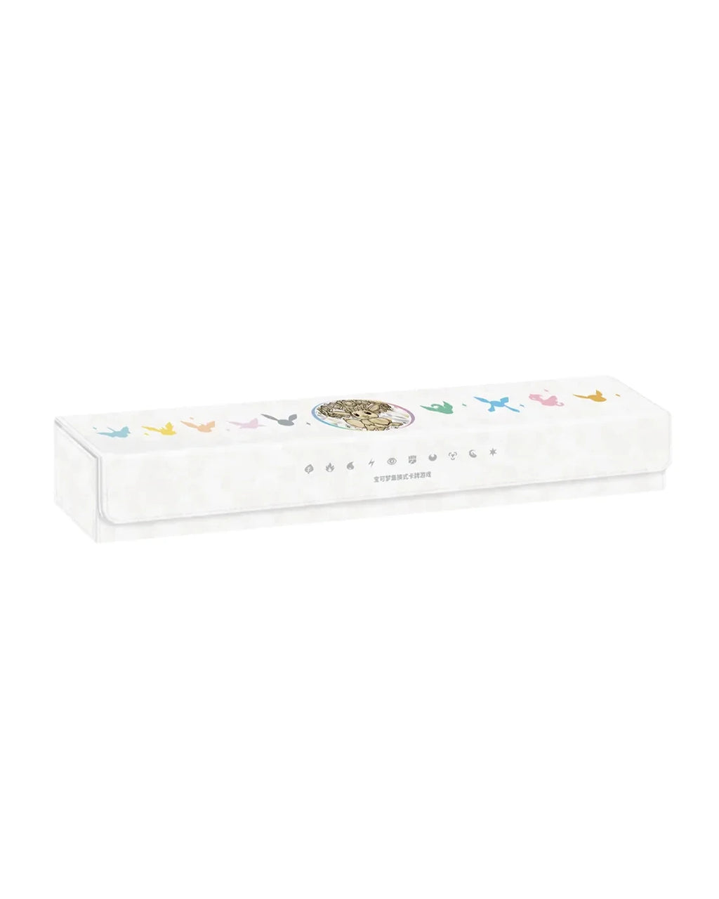 Deck box Pokekadh blanco con ilustraciones de evoluciones de Eevee y símbolos de tipos Pokémon en estilo cristalino