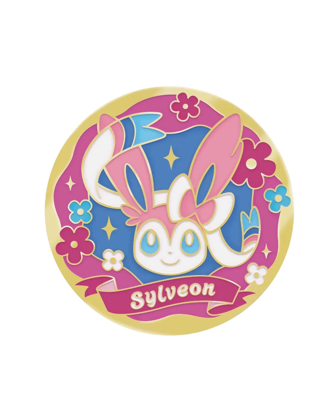Pin coleccionable Pokekadh de Sylveon con diseño floral en tonos rosa y azul sobre fondo dorado